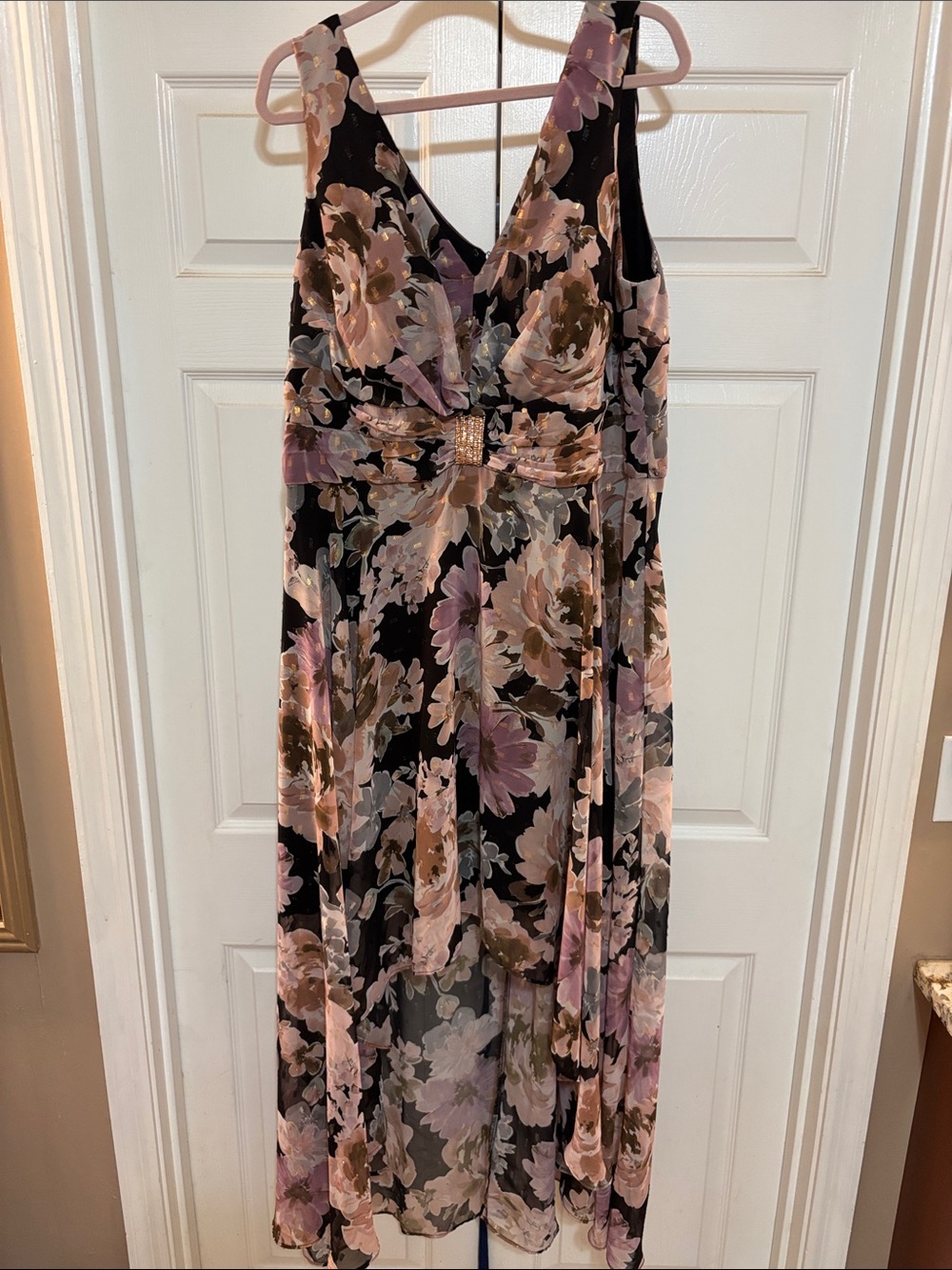 RM Richards Floral High-Low V-Neck Dress in Pink and Black 18W